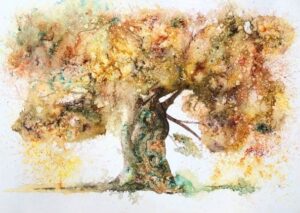 watercolour painting of a tree, done on yupo paper, sizeA3