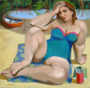 a woman, beach, bathing suit, ocean, content.