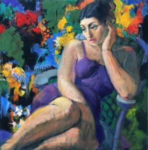 woman, garden, Matisse, flowers, solitude, female figuration, purple,