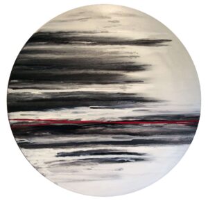 Round canvas, black and white abstract with red