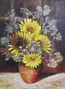 Sunflowers-in-Terracotta-Jug, oil painting on canvas