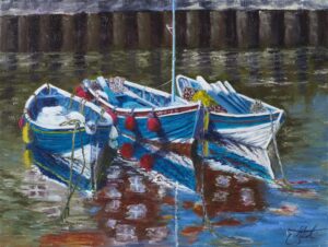 Three boats waiting at Whitby, oil painting on canvas