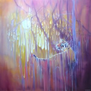 tiger in a gold and purple forest