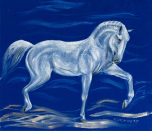White horse on blue velvet